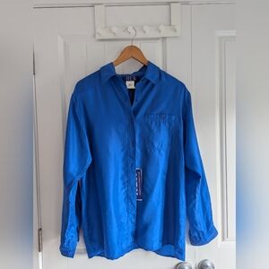 Vintage 80's Blue 100% Silk Button Down Blouse Long Sleeve Size Medium